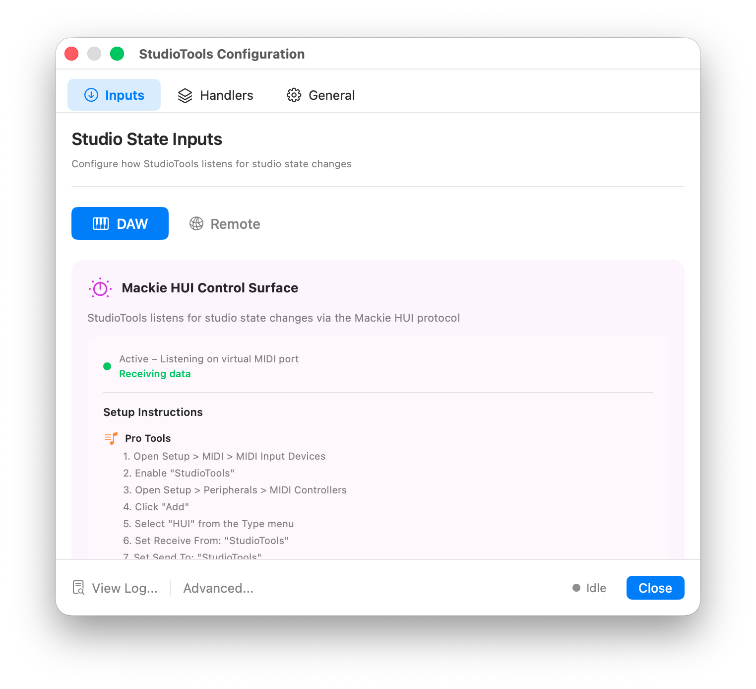DAW input settings for HUI and Recording Light