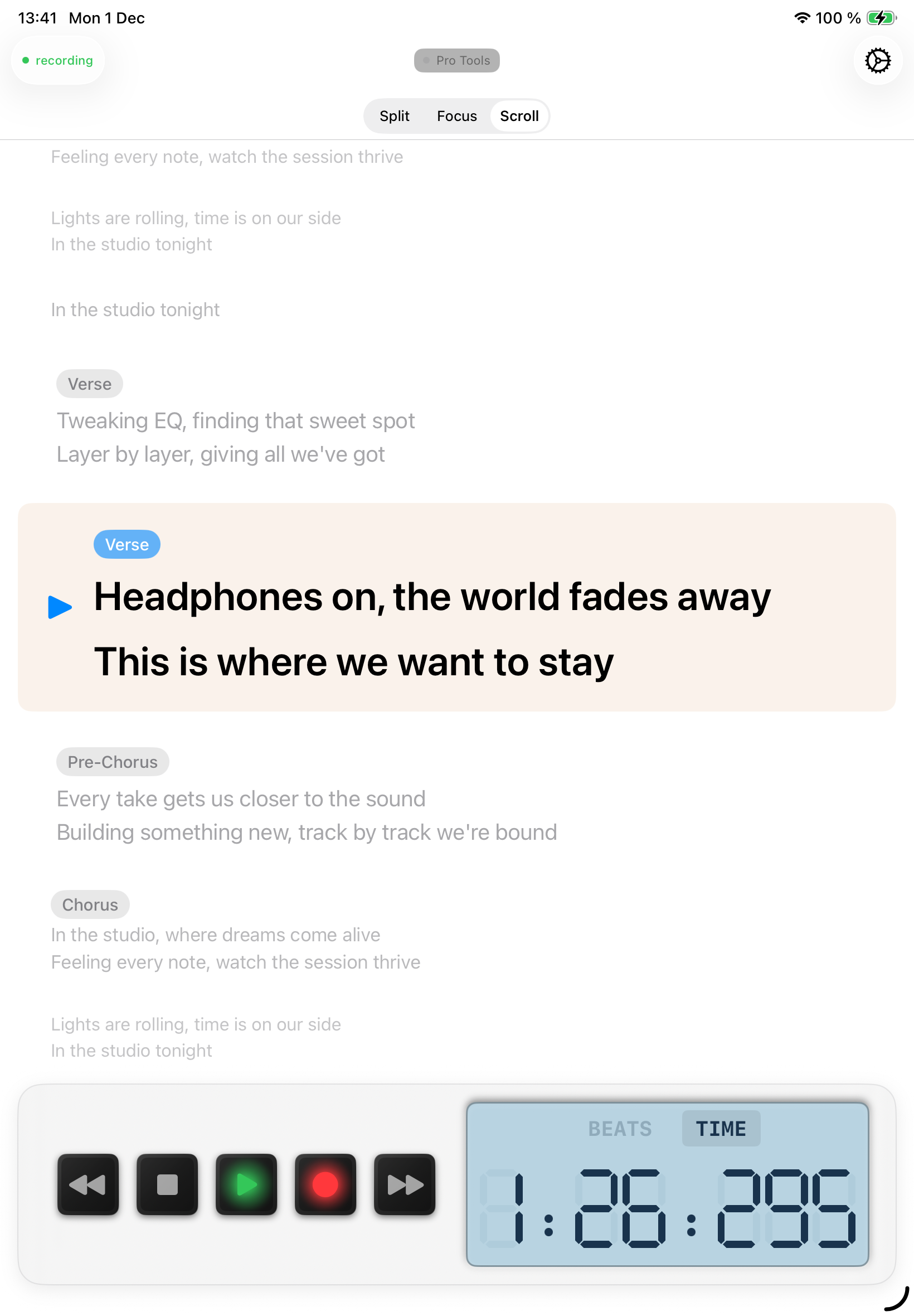 StudioTools Connect on iPad showing the lyrics teleprompter