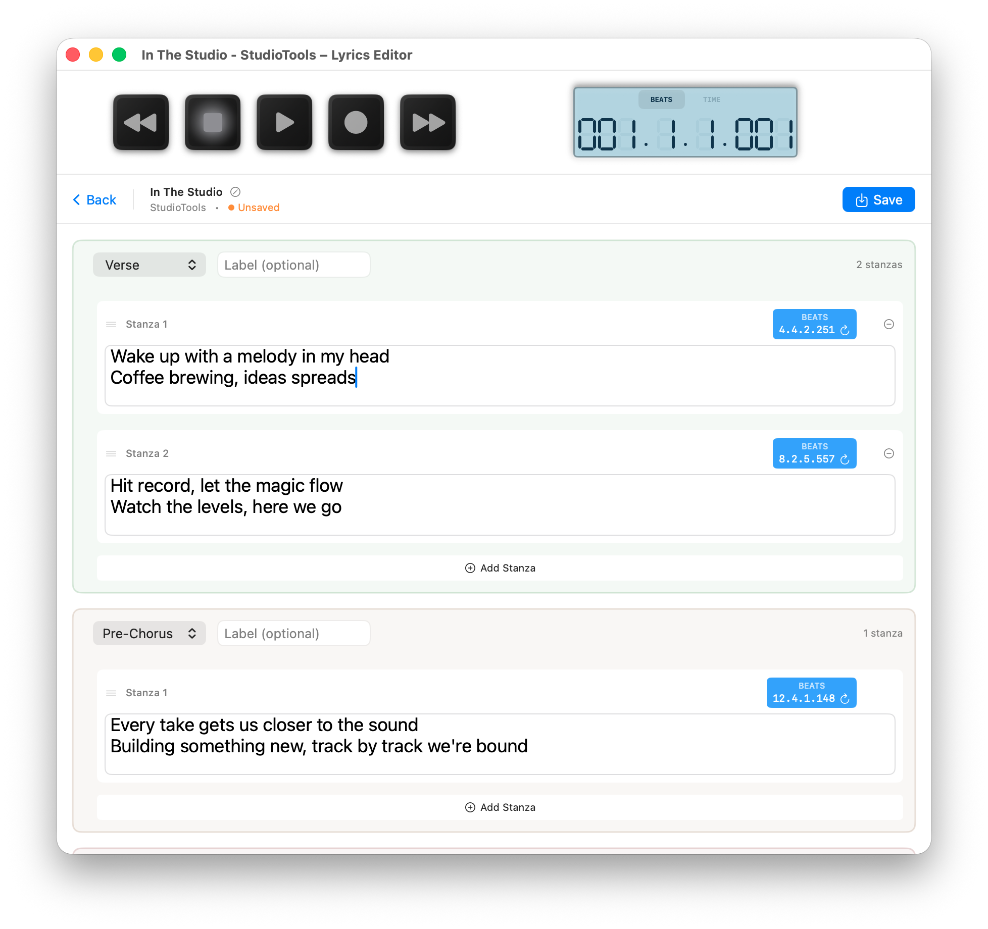 Lyrics editor with timed sections