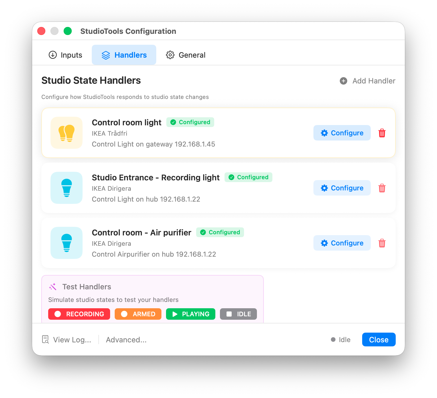 Handler cards for different recording states