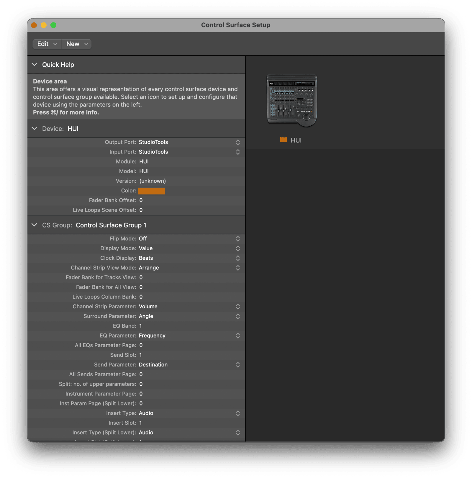 Logic Pro control surface setup with a HUI device