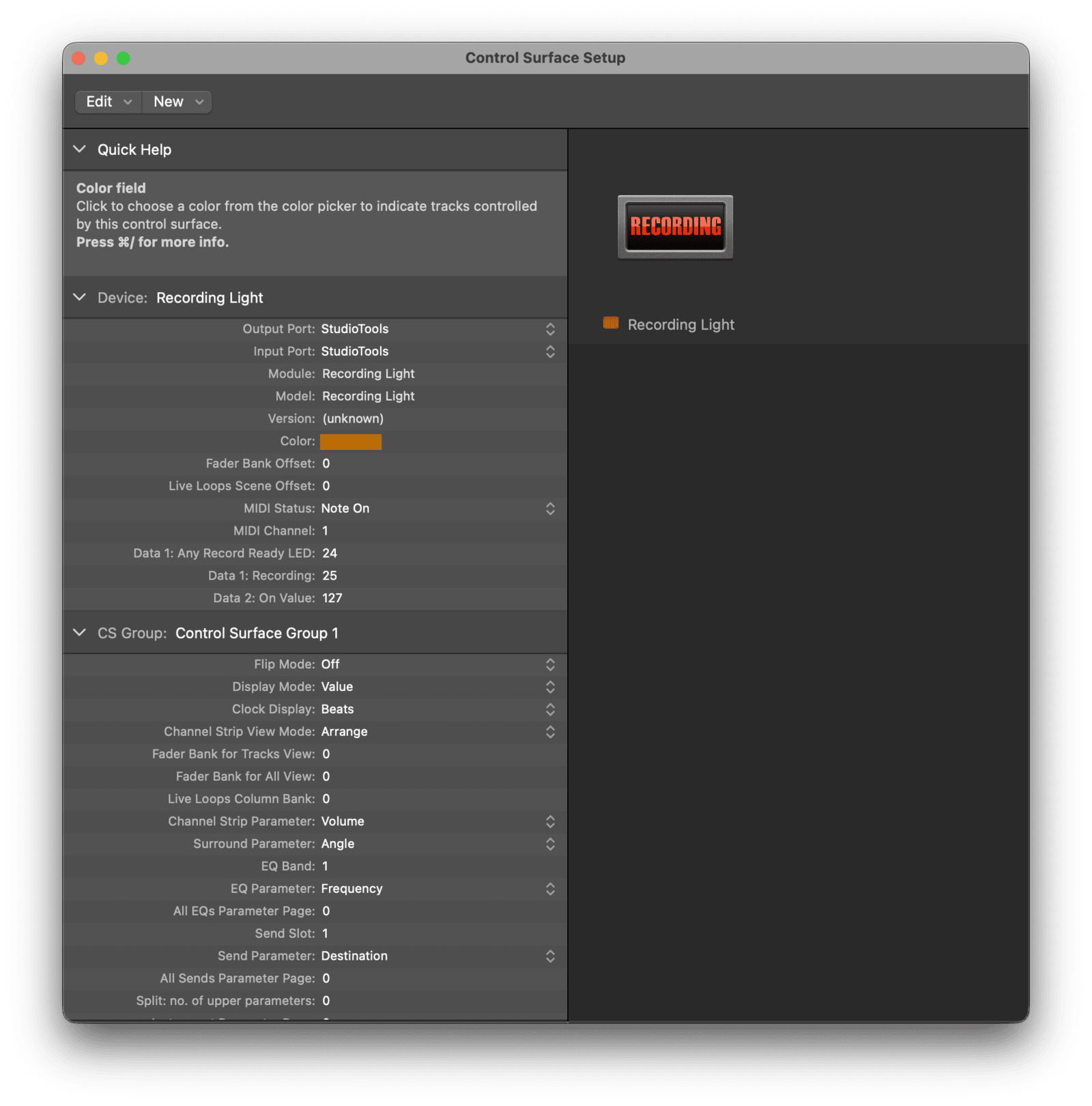 Logic Pro Recording Light control surface setup