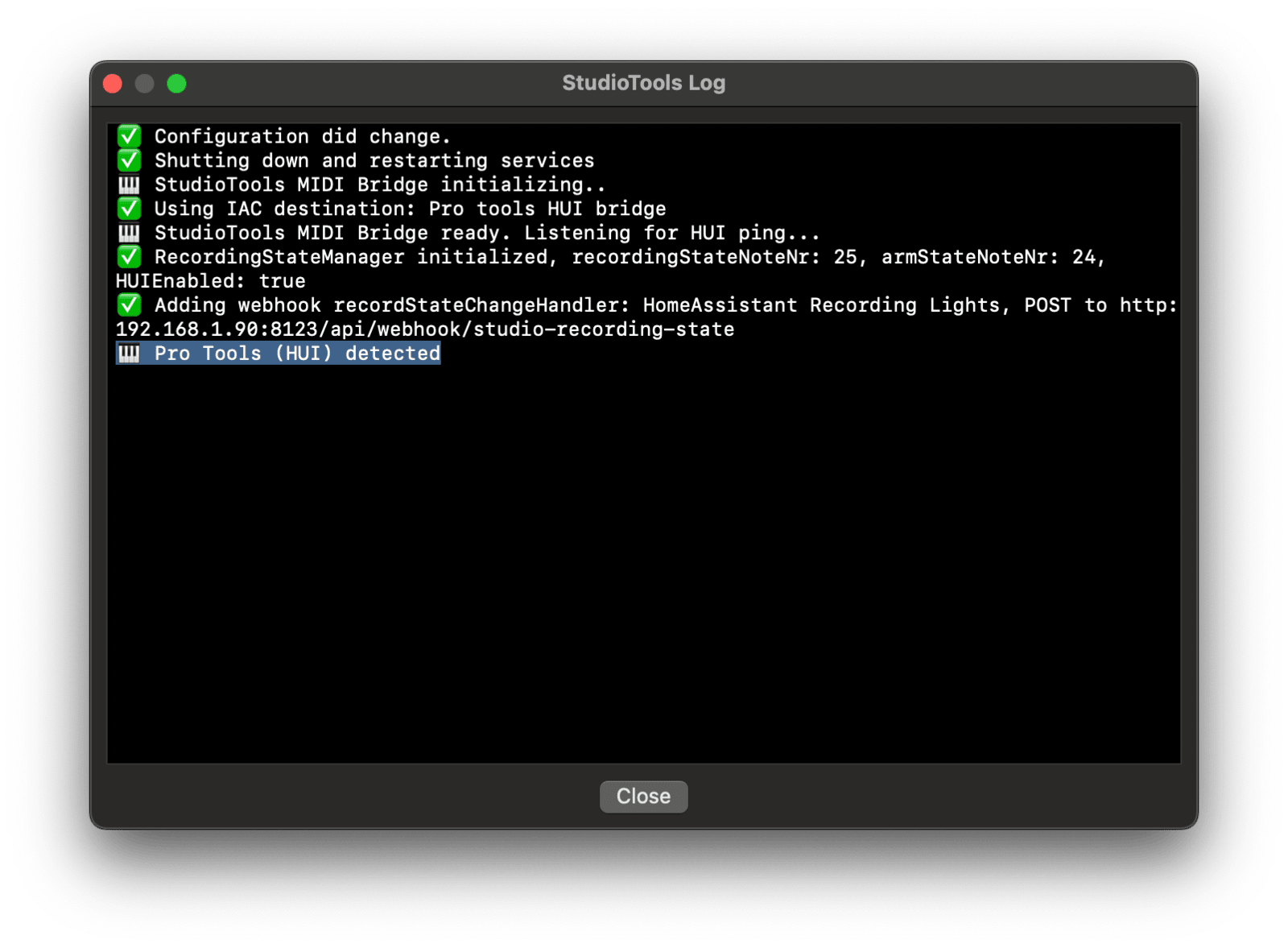 The StudioTools log viewer showing recording state changes